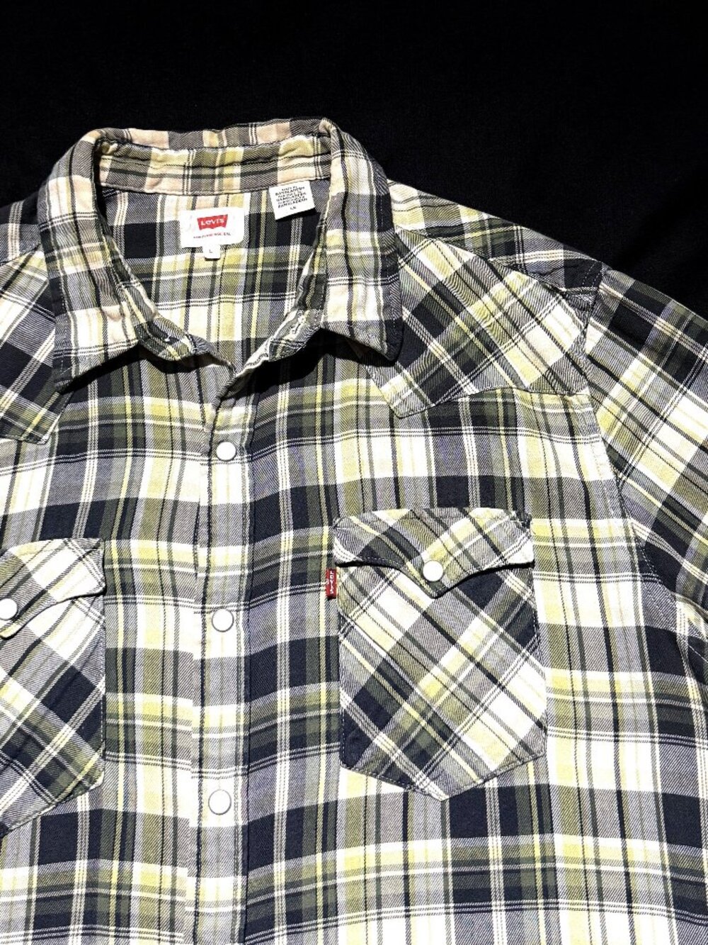 Levi's Mens Shirt Large Grey/Chartreuse Plaid Shirt 100% Cotton Pearl Snaps